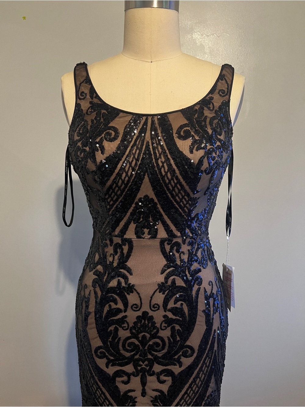 Black-Nude Embroidered Formal Wedding Gown - Sleeveless Evening Dress - Picture 6 of 7